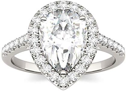 Charles & Colvard Moissanite 10x7mm Pair Cut Engagement Ring for Women | 2.58 cttw DEW | Synthetic Stone | Solid 14K White Gold Rhodium Plated, 7.0, Metal, Moissanite