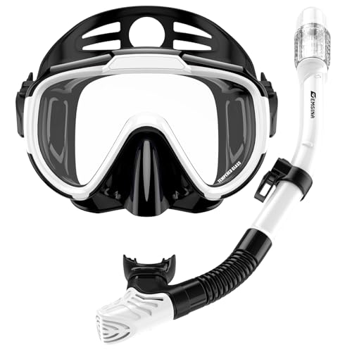 EMSINA Dry Snorkel Set,Panoramic Wide View,Anti-Fog Scuba Diving Mask,Professional Snorkeling Gear(2Set White Black)