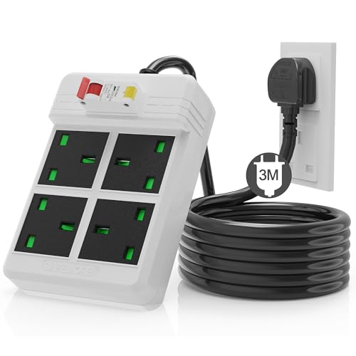 3M Heavy Duty Extension Lead, SAFEMORE RCD Surge Protected Power Strip with Leakage Protection 4 AC Outlets(13A/3250W), Child Safety Extension Cord with White Power Strip for Office Home