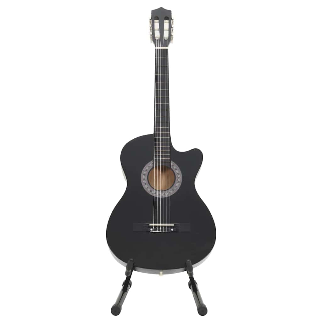 12-teilige Westerngitarre Set, Cutaway Akustikgitarre schwarz 38 Zoll, mit 6 Nylon Saiten, Tasche Gurt Plektren Kapodaster Stimmgerät und Saitenkurbel für Unterricht