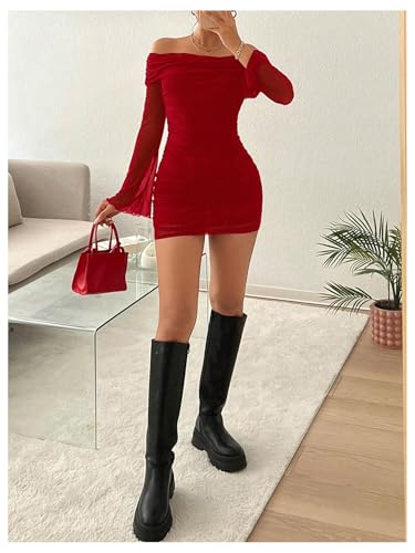 Image of GORGLITTER Women's Off The Shoulder Mesh Mini Dress Long Sleeve Y2K Sexy Ruched Bodycon Birthday Club Party Dresses