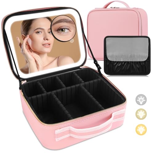 Trousse de Maquillage de Voyage avec Miroir LED, Trousse de Maquillage de Voyage avec Miroir éclairé, 3 réglages de Couleurs, Miroir grossissant 10x,...