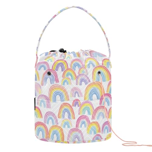 Image of ElliTarr Crochet Bag Yarn Bag with Handle Portable Knitting Project Bag Travel Yarn Storage Organizer Holder Case Gradient Cute Rainbows
