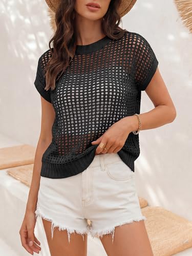 Image of ANRABESS Short Sleeve Sweater for Women Summer Crochet Knit Tops