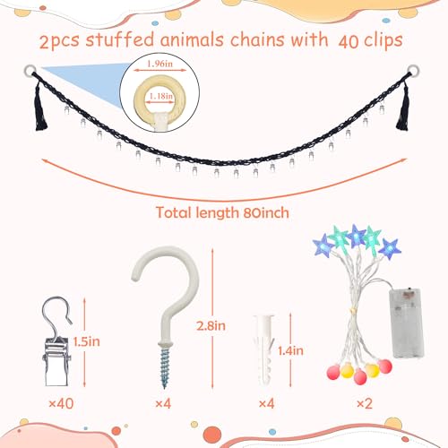Image of 2PCS Stuffed Animals Storage Chain Organizers 80 inch Cotton Hanging Storage Chain with 40 Metal Clips Stuffed Animal Display Holder Chain for Wall or Corner Nursery Play Room (Black)