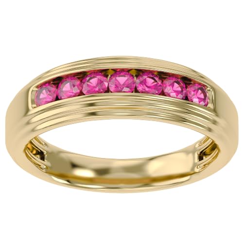 Men's Wedding Band Ring 2.7mm Round Cut Ruby Lab Grown Gemstone Channel Set 7-Stone Engagement Rings In 14K Solid Yellow Gold Size 10.5