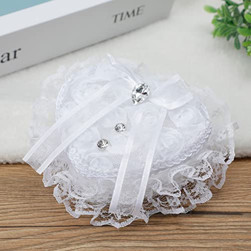 Wedding Ring Pillow Heart Box, White Romantic Lace Pearl Ring Box Holder with Ribbon for Wedding Ceremony Ring Bearer
