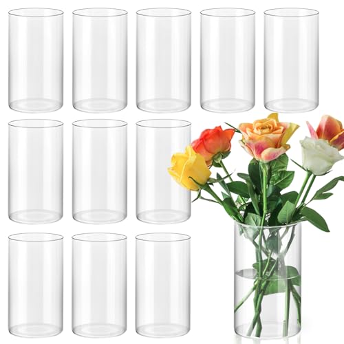 LeeQinersw Lot de 12 vases cylindriques en verre pour centres de table - 15,2 cm de haut - Grands vases transparents - Bougeoirs cylindriques pour table, maison, mariage, décoration de fête