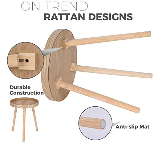 Small Side Table, Rattan Nightstand, Round End Table, Boho Bedside Table, Accent Table, Mid-Century Modern Bed Side Table, End Tables For Living Room Bedroom Office Balcony(Natural Walnut) #TOP4