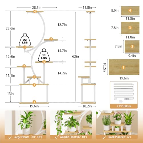Image of Plant Stand with Grow Lights for Indoor Plants, 8-Tiered Tall Corner Plant Shelf with Full Spectrum Light, S-Shaped Space-Saving Narrow Flower Holder, Anti-Tip for Living Room Bedroom Office, Natural