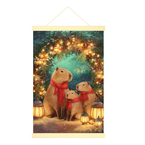 Capybara - Lienzo decorativo para colgar en la pared, diseño de corona de faroles navideños, color amarillo cálido, impresiones artísticas para el hogar, dormitorio, sala de estar, 20 x 28 pulgadas