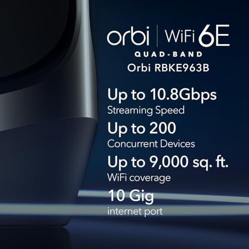 Image of NETGEAR Orbi Quad-Band WiFi 6E Mesh Network System (RBKE963B) - Router +2 Satellite Extenders, Security Features, Up to 10.8Gbps, Coverage up to 9,000 sq.ft., 200 Devices, 10 Gig Internet Port, Black