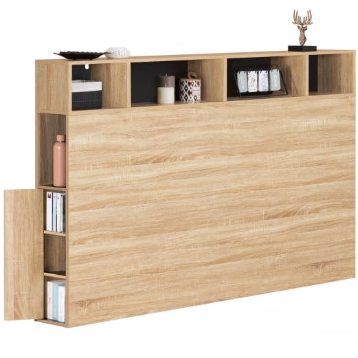 IDMarket - Cabecero de cama con pie Cleo 165 cm con almacenamiento cerrado y nichos de haya y negro