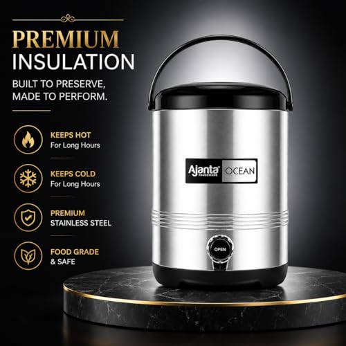 Image of Ajanta Ocean12 Stainless Steel Water Cooler, Water Dispenser Hot & Cold, Thermosteel, PU Insulated, Portable, Travel Friendly, Water Jug for Offices, Shops, Picnics (Black, 9.5 litres)