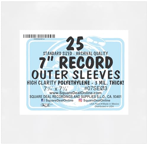 7 inch Slim Fit 45rpm Record Outer Sleeves - Heavy Duty 3 Mil Thick Soft Polyethylene - 7-7/16" x 7-1/4" #07SE03 (25)