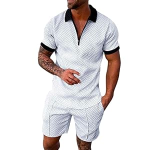 Activewear Sets voor heren, 2-delige set korte mouwen tracksuit ritssluiting poloshirt sportbroek met zak revers joggingpak ademend trainingspak los vrijetijdspak, wit, M