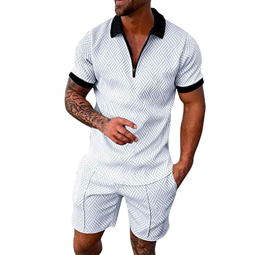 Maskjuwio Conjunto de ropa deportiva F R para hombre, 2 piezas, manga corta, picksuit con cremallera, polo, pantalón deportivo con bolsillo, solapa, chándal transpirable, traje de ocio suelto, Blanco