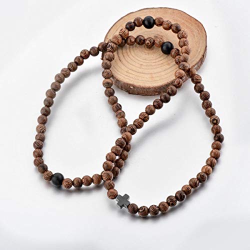 Christian Prayer Beads Rope Bracelet | 100 Wooden Beads + 3 Black Glass Beads + Hematite Cross | Women Men Children | 6 MM Beads | Great Gift for any Occasion!