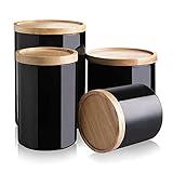 Sweejar Kitchen Canisters Ceramic Food Storage Jar Set, Stackable Containers with Airtight Seal Wooden Lid for Serving Ground Coffee, Tea, Herbs, Grains, Sugar, Salt - Set of 4 (Black)