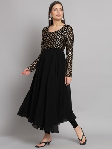 Image of PH POSHAKHUB Georgette Foil Print Anarkali Kurta has Round Neck and Full Sleeve