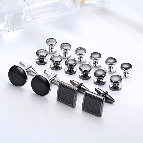 Rnblm Jewelry 16 Pcs Cufflinks And Studs Set For Men Classic Tuxedo Shirt Cufflinks & Shirt Accessories Black&Silver Match For Business Wedding Formal Suit #TOP6