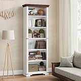 HOTLUU 6-Tier Farmhouse Bookshelf, 73 inch Tall Book Shelf with Unique Design & 2 Adjustable Shelves, Wooden Bookshelf for Study Room, Living Room, Kitchen, Bedroom (White)