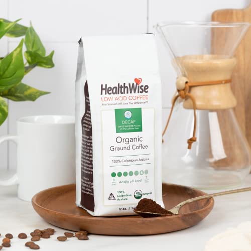 Healthwise Low Acid Organic Ground Coffee | 100% Colombian Swiss Water Decaf | Healthier Coffee For Sensitive Stomachs - Acid Reflux, Heartburn, Gastro Issues |Swiss Water Decaf | 12 Oz. - 340 G #TOP1