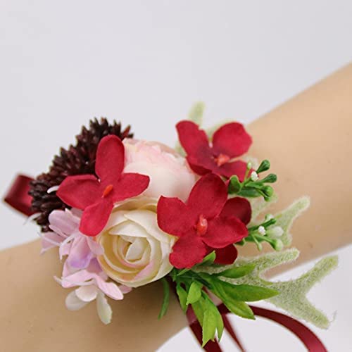 Handgelenkskorsagen für Hochzeiten， Rote Blume Boutonnieres for Trauzeugen Brautjungfer Handgelenk Corsagen Blume Hochzeit Bräutigam Boutonniere(Style F)