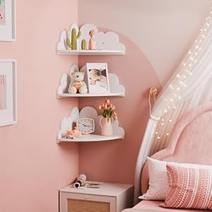 Cloud floating corner shelves set of 3 cloud corner wall shelves for kids room white corner shelf nursery wall deor small cute cloud dispaly shelf wall mounted for toys plants storage  urban country home decor