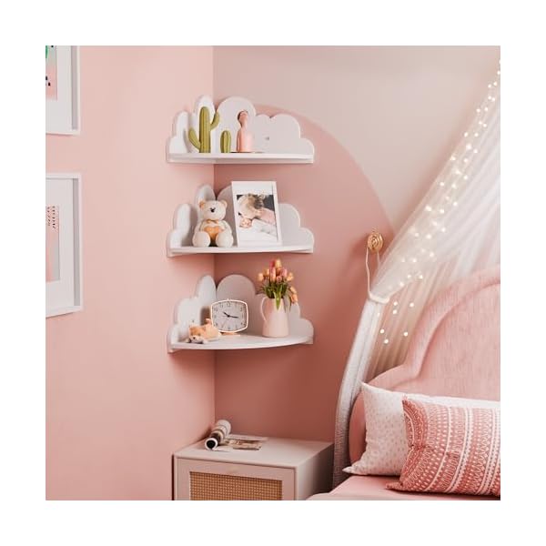 Cloud floating corner shelves set of 3 cloud corner wall shelves for kids room white corner shelf nursery wall deor small cute cloud dispaly shelf wall mounted for toys plants storage  urban country home decor