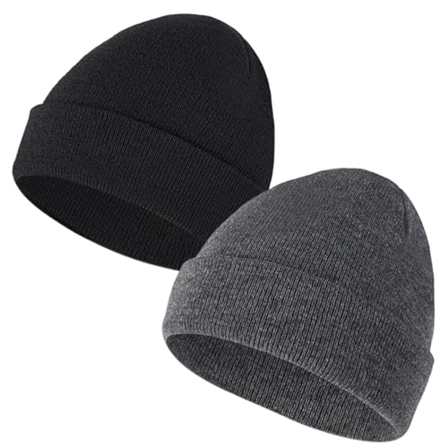 Fiohiros 2 Pack Kids Beanie, Baby Toddler Beanie, Warm Soft Stretchy Unisex Knit Winter Hat for Boys, Girls 3-17 Years (AU, Age, 3 Years, 17 Years, 2 Pack Black+Grey)