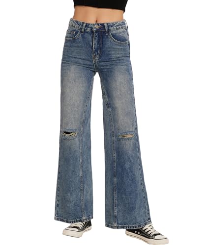 Beautiful Nomad Women's Petite Ripped Jeans Casual Wide Leg Baggy Distressed Denim Pants4