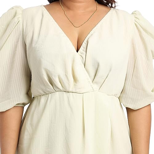 Image of Instafab Plus Women's Baby Pink Petal Hem Dress for Casual Wear | Puff Sleeve | Polyester Fabric | V-Neck Dress Crafted with Comfort Fit for Everyday Wear