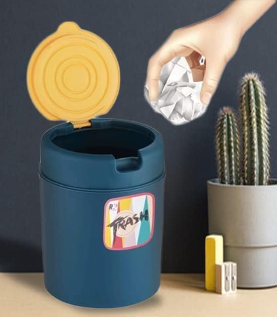 Image of Wastebasket Trash Can - Desktop Mini Plastic Waste Garbage Can with Swing Lid, Stylish Countertop Trash Bin Table Waste Paper Basket Round Small Trash Can (Trash Bin)