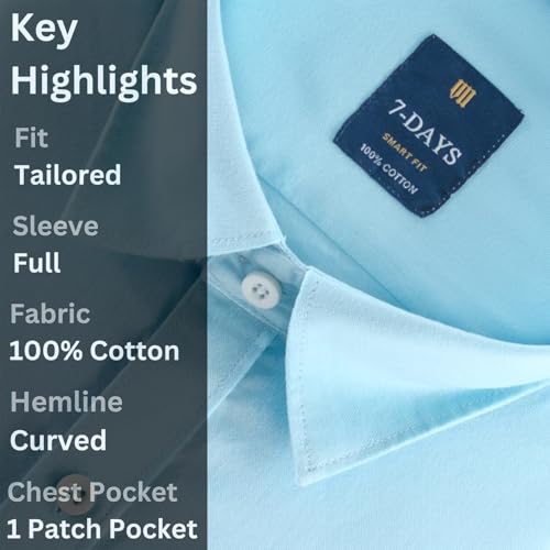 Image of 7-DAYS Men's 100% Cotton Full Sleeve Shirt for Men | Premium Plain Shirt | Tailored Fit (Between Slim & Regular) | Stylish Office & Casual Wear | with Pocket