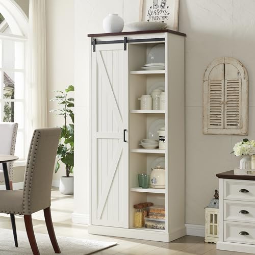 vimitty Farmhouse Storage Cabinet, 72" Tall Storage Pantry Cabinet with Sliding Barn Door & 4 Adjustable Shelves, Wood Storage Cabinet for Kitchen, Dining Room, Bathroom, Living Room, White
