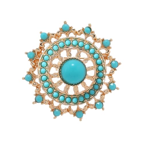 Image of Baroque Turquoise Bead Brooch Pin for Women Men Gold Tone Fashion Blue Birthstone Geometric Filigree Brooches Lapel Pins Dainty Dress Accessories Birthday Anniversary Jewelry Gift