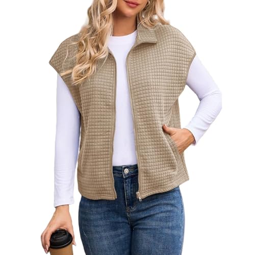 Kubbon Womens Vest Tops Sleeveless Waffle Knit Jacket Full Zipper Fall Lightweight Sweatshirts Stand Collar Gilet Vest2