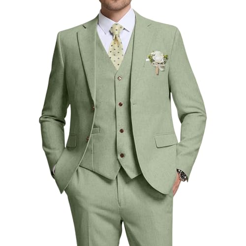 High-End Suits Retro Men Suits Linen 3 Pieces Suit for Men Summer Thin Suits Light Green Blazer Vest Pants XXXL