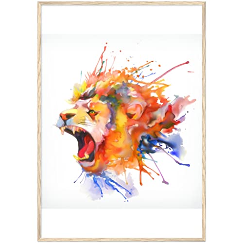 Aquarelle lion rugissant grand tableau déco art mural animal encadré bois