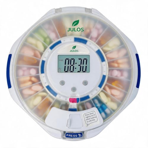 JULOS 28-Day Automatic Pill Dispenser for Elderly with Alarm, Frosted Lid