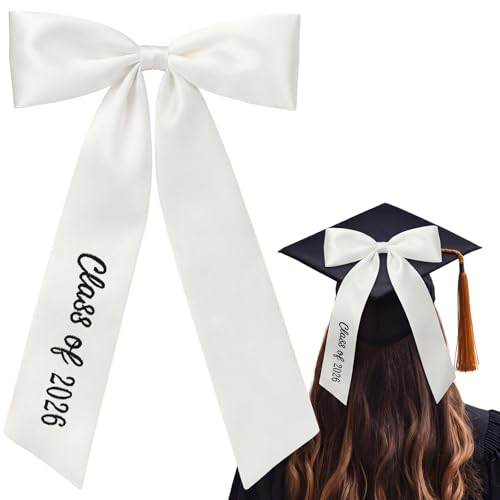 Suncalla Embroidery Graduation Bow Class of 2026 White Long Graduation Cap Bow Decor Senior Class of 2026 Graduate Gift Hair Accessories for Girl Students Cap Decorations