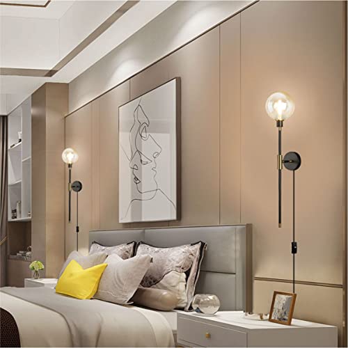 Image of KCO 1-Light Plug in Wall Sconces On /Off Switch Cord Black Modern Wall Mounted Light Fixture with Long Arm Glass Globe Shade Wall Lamp for Bedroom Living Room Kitchen Hallway (Amber & 2-Pack)
