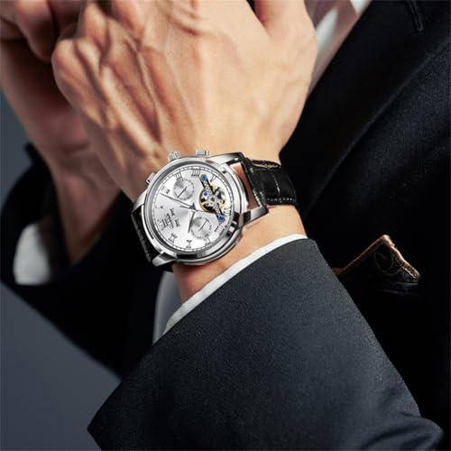 Image of OLEVS Mechanical Dress Mens Watches Square Brown Leather Strap Moon Phase Skeleton Tourbillion Day Date Waterproof Luminous Men's Wrist Watches