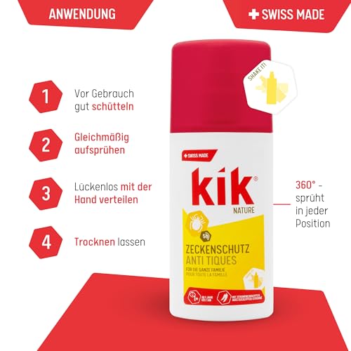 kik NATURE Zeckenschutz Spray 100 ml – Schutz vor Zecken, mit Wirkstoff aus dem Zitroneneukalyptus, hautfreundlich, alkoholfrei und dermatologisch bestätigt, Swiss Made