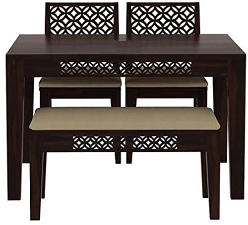 Image of Sheesham Wood 4 Seater Dining Table with 2 Cushion Chairs and 1 Bench for Living Room Home Office Dining Room Wooden Furniture Dinner Table Set (Walnut Finish) |