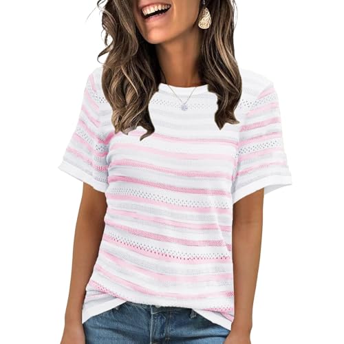 ANCAPELION Women's Short Sleeve Sweater Top Striped Knit Crew Neck Pullover for Summer Trendy Shirts