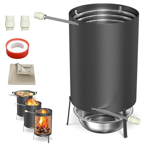 Aufun Brennholz Poolheizung Feuertonne mit Feuer Edelstahl Schwimmbadheizung mit Ø 32-38 mm Anschlüsse und Eingebaute Spiralerohr Poolofen Heizungen mit Feuerfestmatten und Tablett Schwarz, 1 Stück