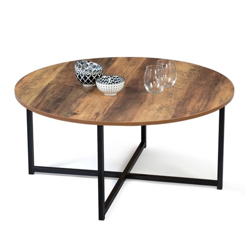 IDMarket - Mesa baja redonda Hawkins de 80 cm, madera oscura, diseño industrial