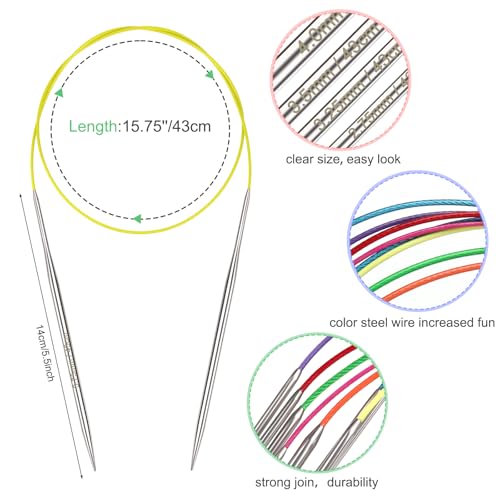 Image of Katech 16.93 inch (43cm) Circular Knitting Needles Set, 2.75mm-5.00mm Stainless Steel Knitting Needles with Cables, 7 Sizes Short Round Needle for Sweaters, Hats, Socks, Scarves